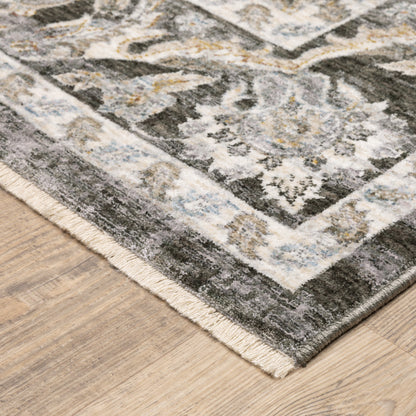 3' X 5' Grey And Ivory Oriental Power Loom Stain Resistant Area Rug With Fringe