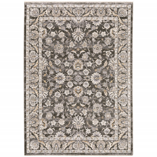 5' X 8' Grey And Ivory Oriental Power Loom Stain Resistant Area Rug With Fringe