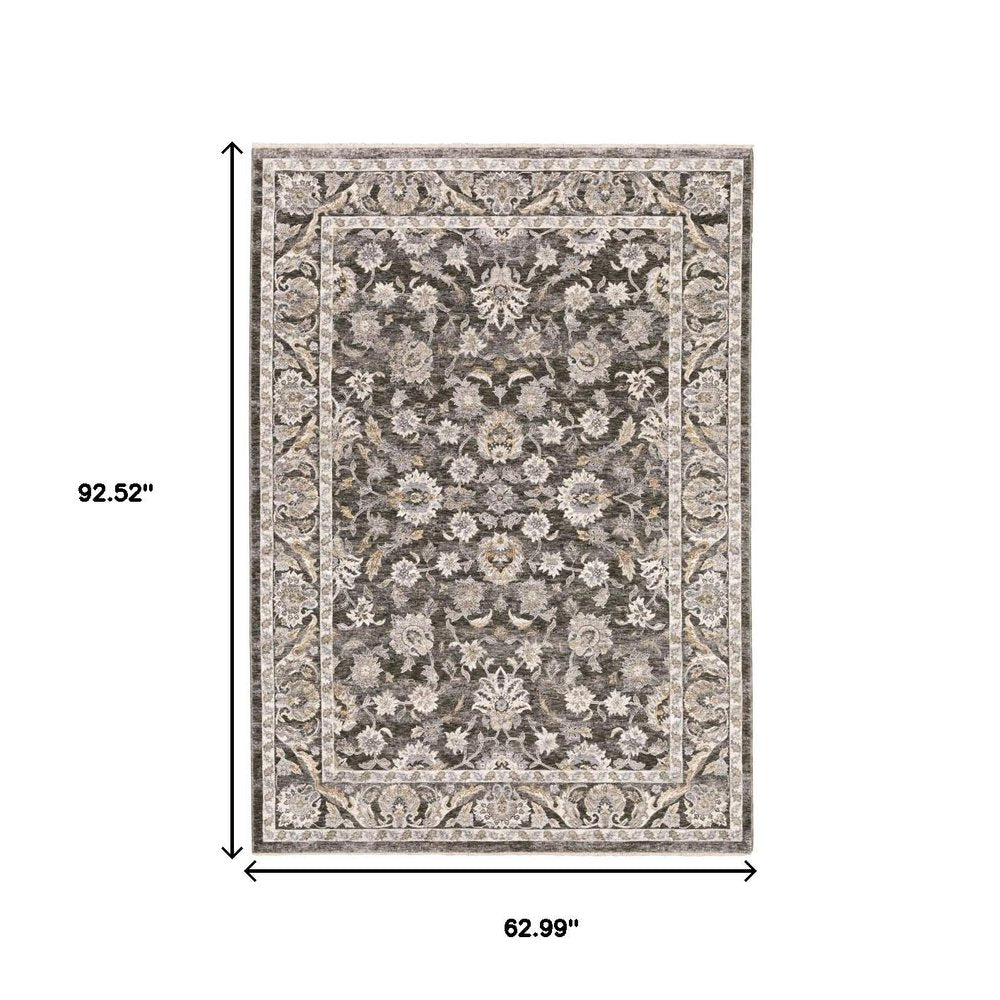 5' X 8' Grey And Ivory Oriental Power Loom Stain Resistant Area Rug With Fringe