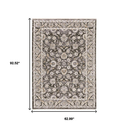 5' X 8' Grey And Ivory Oriental Power Loom Stain Resistant Area Rug With Fringe