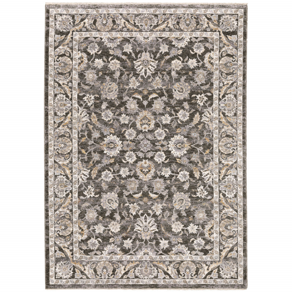 6' X 9' Grey And Ivory Oriental Power Loom Stain Resistant Area Rug With Fringe