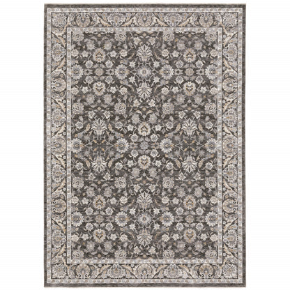 8' X 11' Grey And Ivory Oriental Power Loom Stain Resistant Area Rug With Fringe