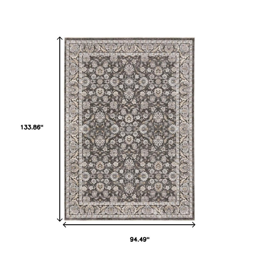 8' X 11' Grey And Ivory Oriental Power Loom Stain Resistant Area Rug With Fringe