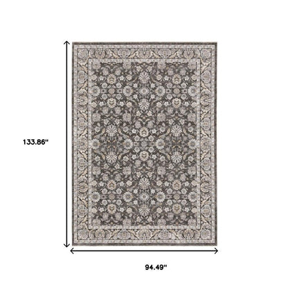 8' X 11' Grey And Ivory Oriental Power Loom Stain Resistant Area Rug With Fringe