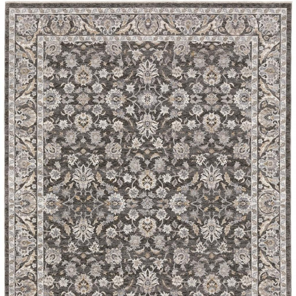 8' X 11' Grey And Ivory Oriental Power Loom Stain Resistant Area Rug With Fringe