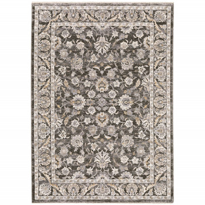 10' X 13' Grey And Ivory Oriental Power Loom Stain Resistant Area Rug With Fringe