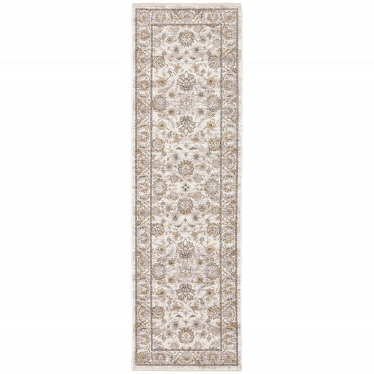 2' X 8' Ivory And Grey Oriental Power Loom Stain Resistant Runner Rug With Fringe