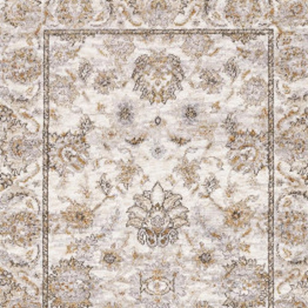 2' X 8' Ivory And Grey Oriental Power Loom Stain Resistant Runner Rug With Fringe