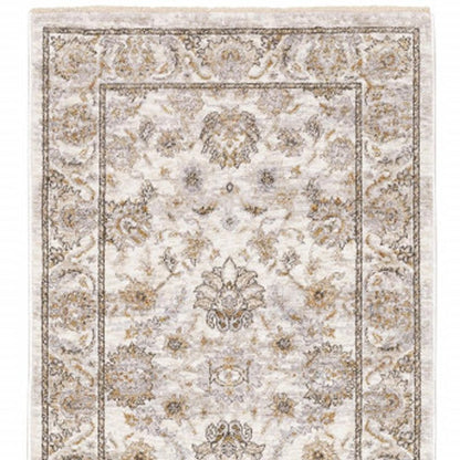 2' X 8' Ivory And Grey Oriental Power Loom Stain Resistant Runner Rug With Fringe