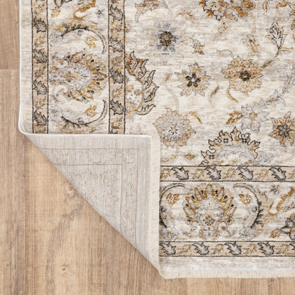 2' X 8' Ivory And Grey Oriental Power Loom Stain Resistant Runner Rug With Fringe