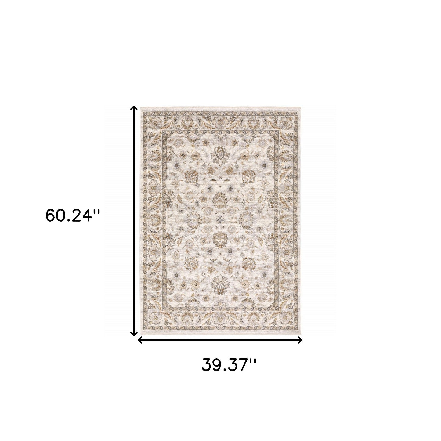 3' X 5' Ivory And Grey Oriental Power Loom Stain Resistant Area Rug With Fringe