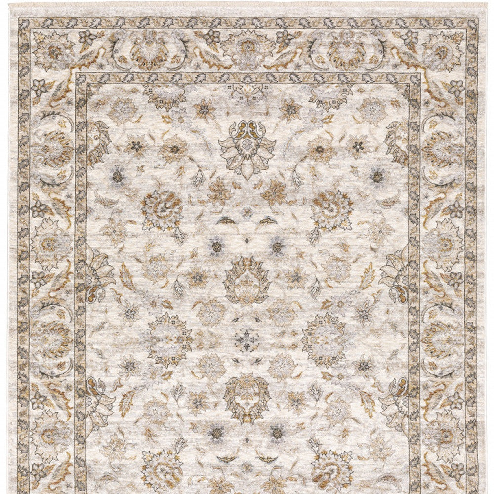 3' X 5' Ivory And Grey Oriental Power Loom Stain Resistant Area Rug With Fringe