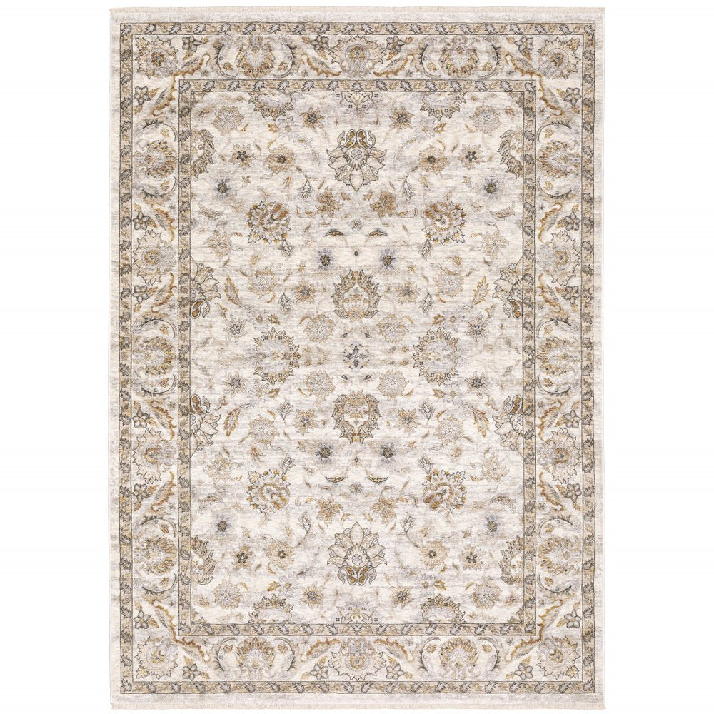 3' X 5' Ivory And Grey Oriental Power Loom Stain Resistant Area Rug With Fringe