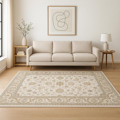 5' X 8' Ivory And Grey Oriental Power Loom Stain Resistant Area Rug With Fringe