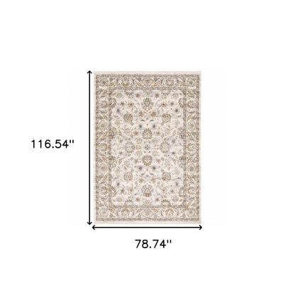 6' X 9' Ivory And Grey Oriental Power Loom Stain Resistant Area Rug With Fringe