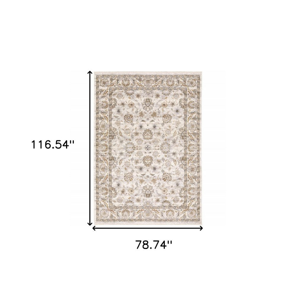7' X 10' Ivory And Gray Oriental Area Rug With Fringe