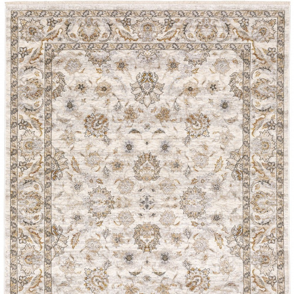 7' X 10' Ivory And Gray Oriental Area Rug With Fringe