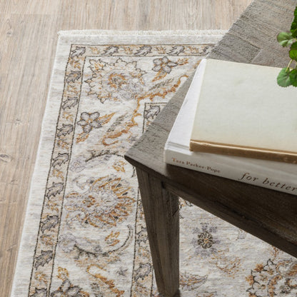 7' X 10' Ivory And Gray Oriental Area Rug With Fringe