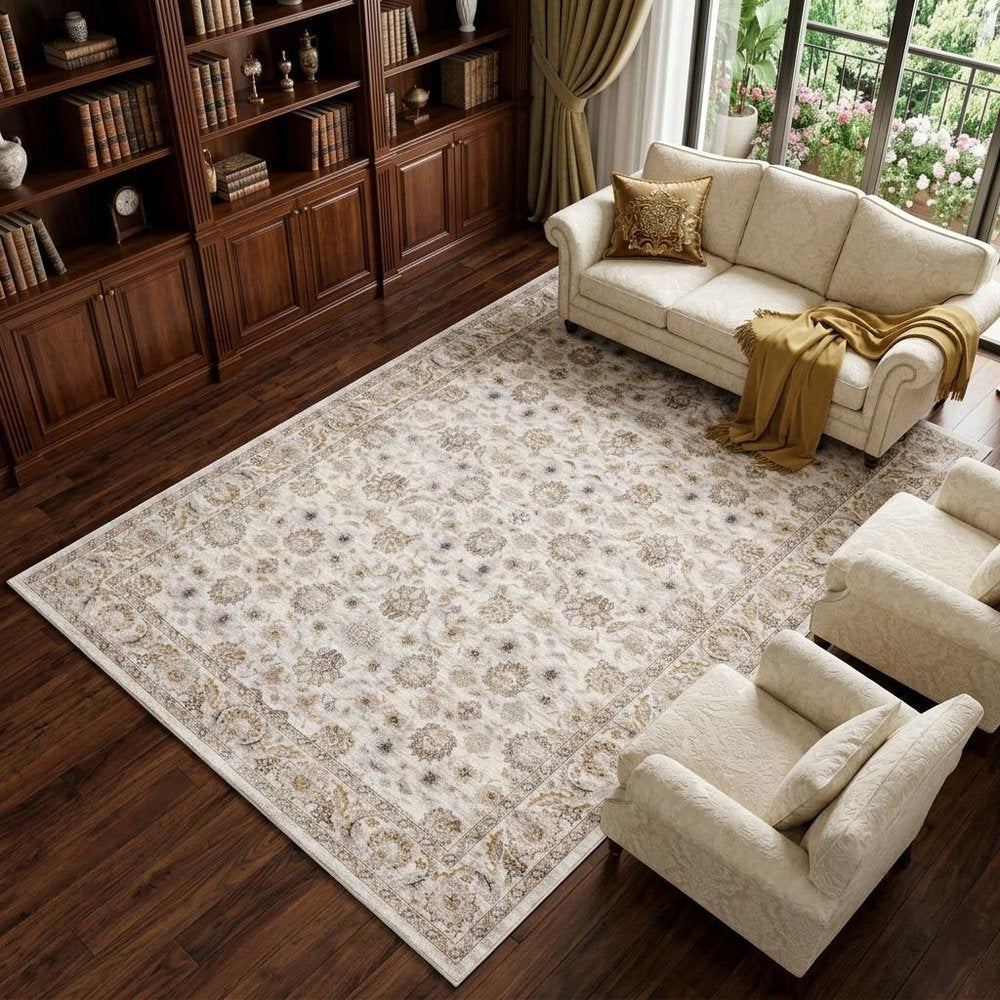 8' X 11' Ivory And Gray Oriental Area Rug With Fringe