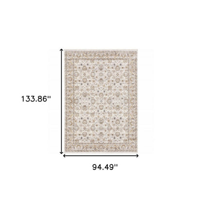 8' X 11' Ivory And Gray Oriental Area Rug With Fringe