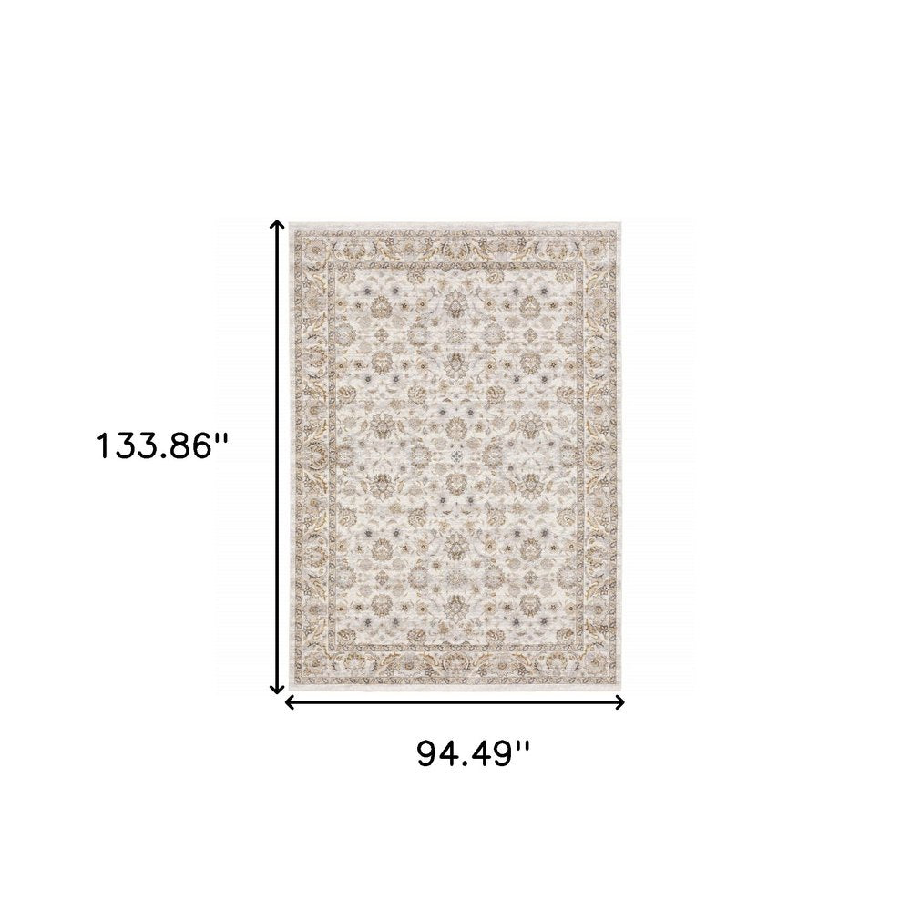 8' X 11' Ivory And Gray Oriental Area Rug With Fringe
