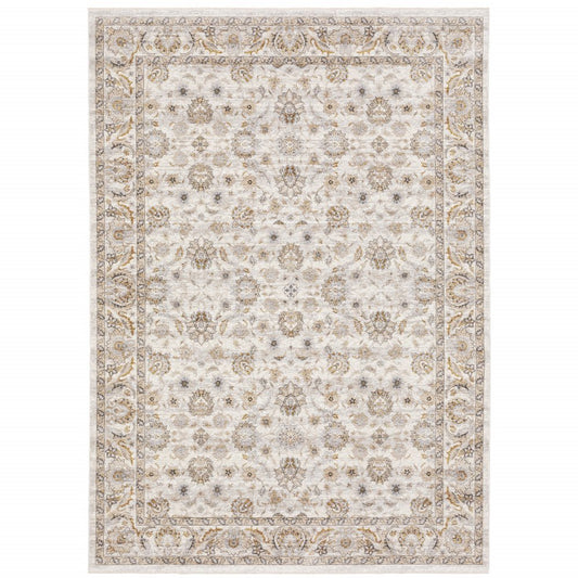 8' X 11' Ivory And Gray Oriental Area Rug With Fringe