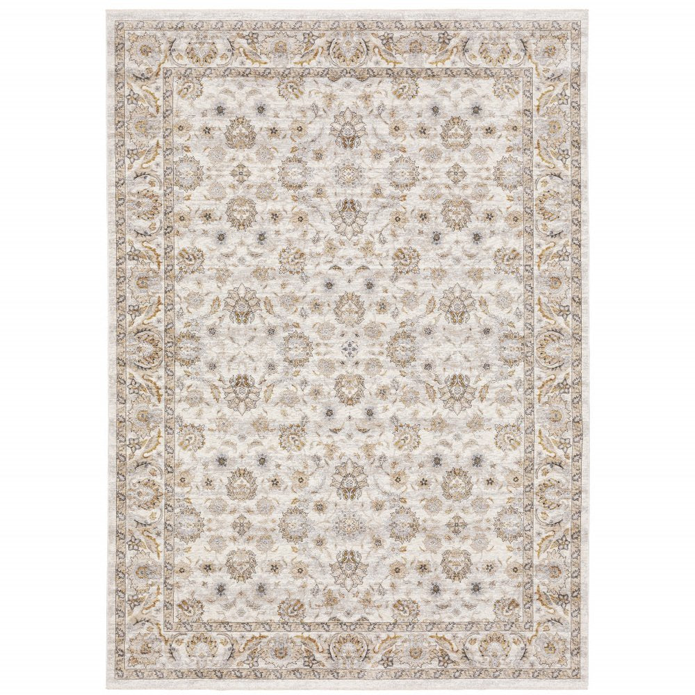 8' X 11' Ivory And Gray Oriental Area Rug With Fringe