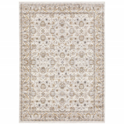 8' X 11' Ivory And Gray Oriental Area Rug With Fringe