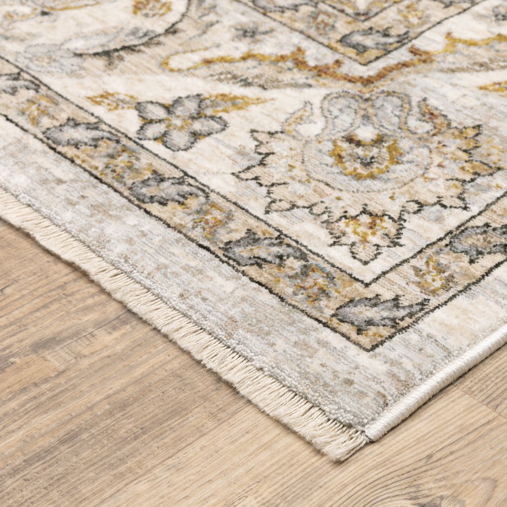 8' X 11' Ivory And Gray Oriental Area Rug With Fringe