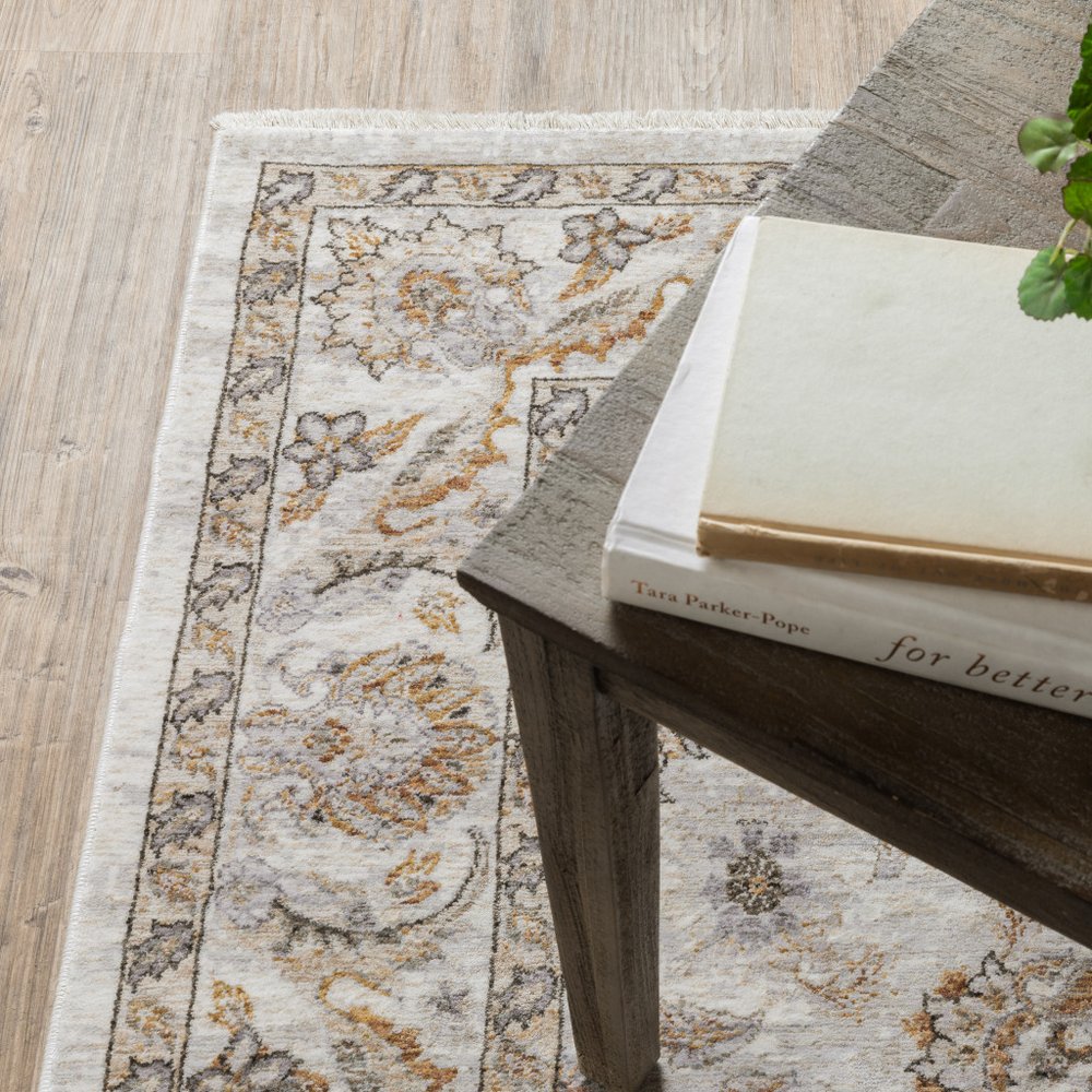 8' X 11' Ivory And Gray Oriental Area Rug With Fringe