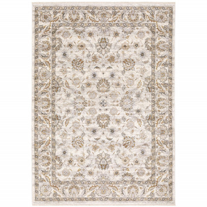 10' X 13' Ivory And Grey Oriental Power Loom Stain Resistant Area Rug With Fringe