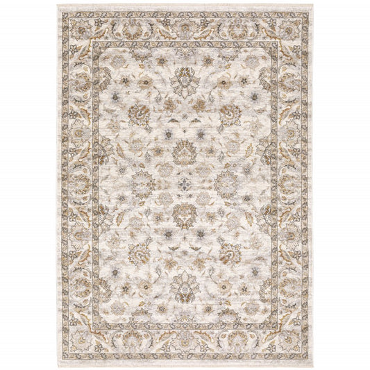 10' X 13' Ivory And Grey Oriental Power Loom Stain Resistant Area Rug With Fringe