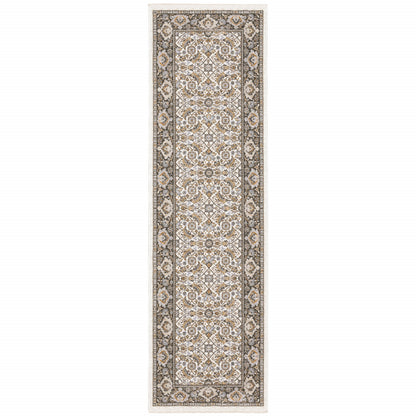 2' X 8' Ivory And Grey Oriental Power Loom Stain Resistant Runner Rug With Fringe