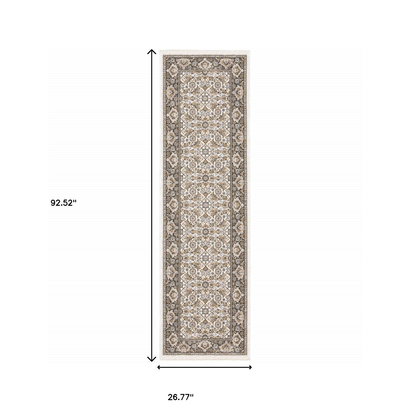 2' X 8' Ivory And Grey Oriental Power Loom Stain Resistant Runner Rug With Fringe