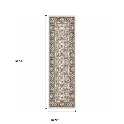 2' X 8' Ivory And Grey Oriental Power Loom Stain Resistant Runner Rug With Fringe