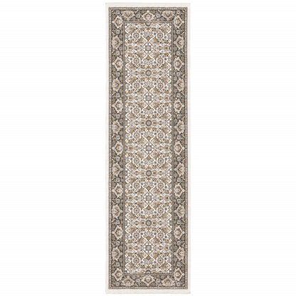 2' X 8' Ivory And Grey Oriental Power Loom Stain Resistant Runner Rug With Fringe