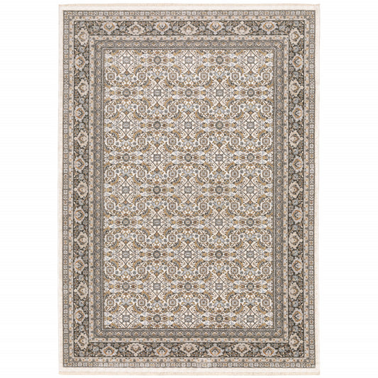 2' X 3' Ivory And Grey Oriental Power Loom Stain Resistant Area Rug With Fringe