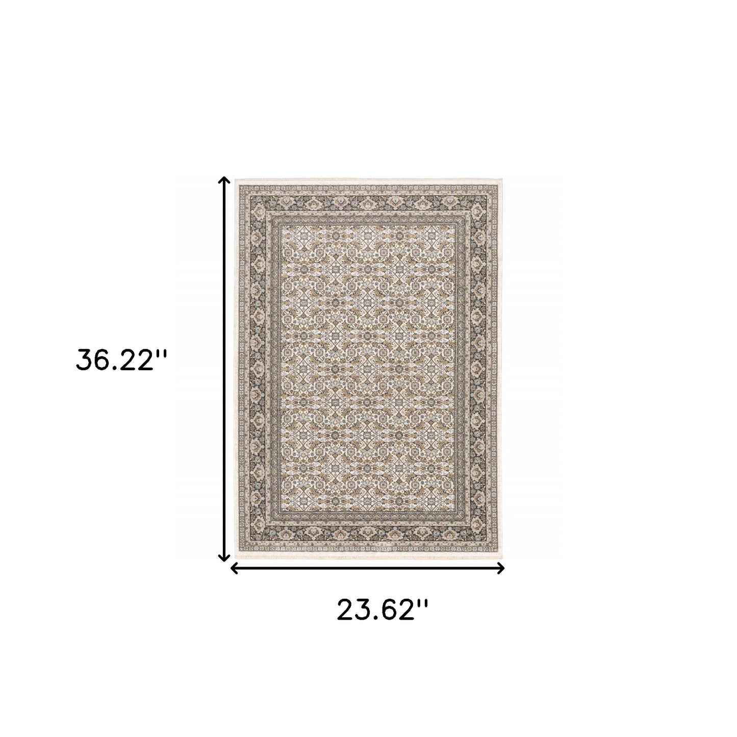 2' X 3' Ivory And Grey Oriental Power Loom Stain Resistant Area Rug With Fringe