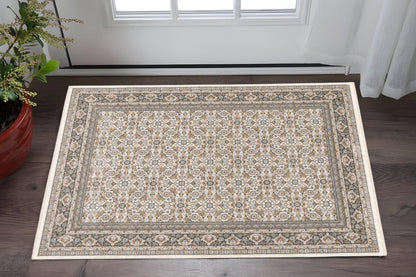 3' X 5' Ivory And Grey Oriental Power Loom Stain Resistant Area Rug With Fringe