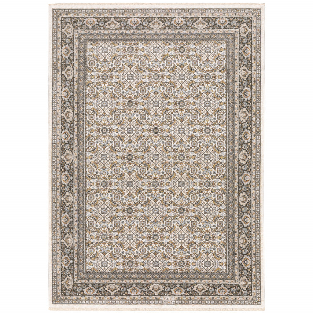 5' X 8' Ivory And Grey Oriental Power Loom Stain Resistant Area Rug With Fringe