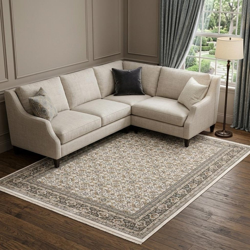 7' X 10' Ivory And Charcoal Oriental Area Rug With Fringe