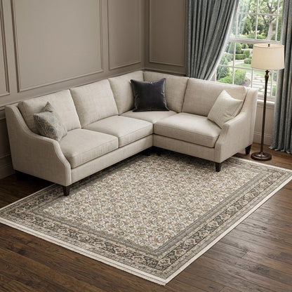 7' X 10' Ivory And Charcoal Oriental Area Rug With Fringe