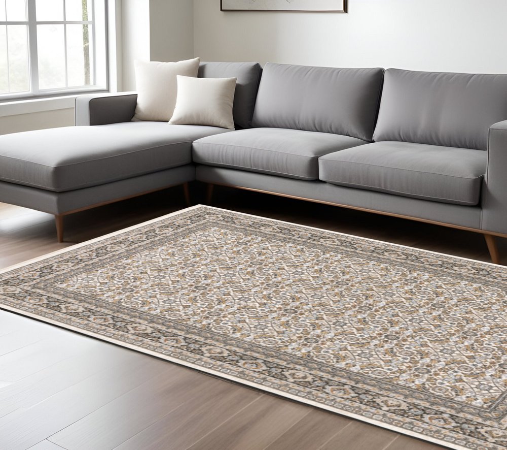 7' X 10' Ivory And Charcoal Oriental Area Rug With Fringe
