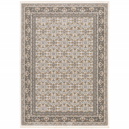 7' X 10' Ivory And Charcoal Oriental Area Rug With Fringe