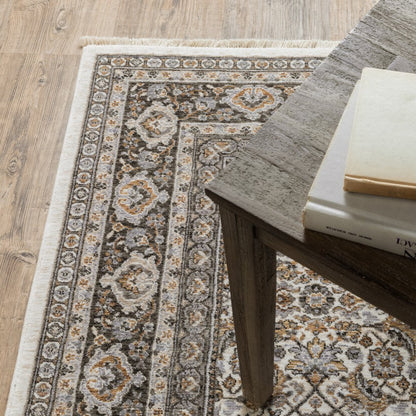 7' X 10' Ivory And Charcoal Oriental Area Rug With Fringe