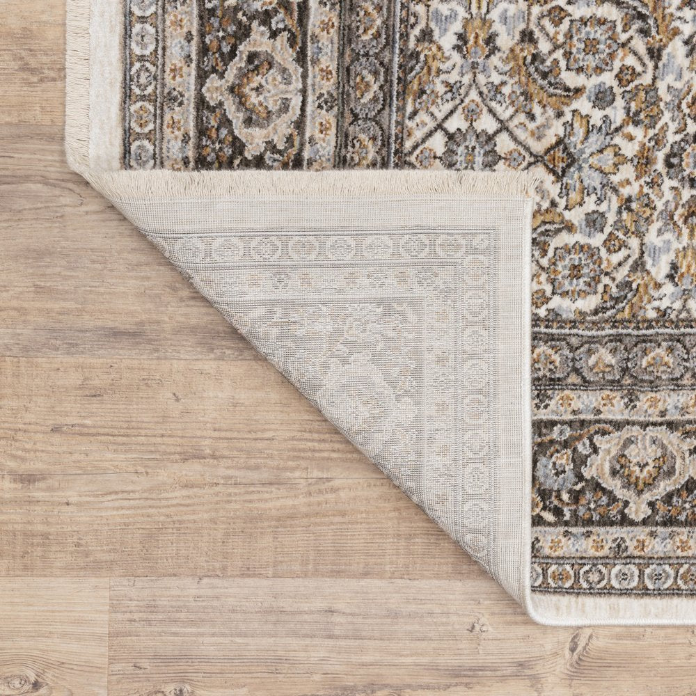 7' X 10' Ivory And Charcoal Oriental Area Rug With Fringe