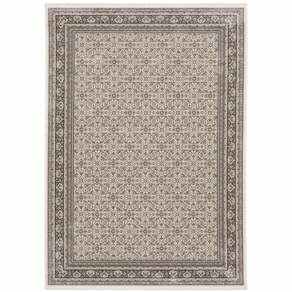 8' X 11' Ivory And Grey Oriental Power Loom Stain Resistant Area Rug With Fringe