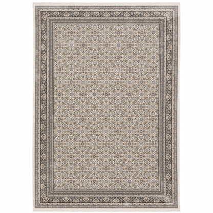 8' X 11' Ivory And Grey Oriental Power Loom Stain Resistant Area Rug With Fringe