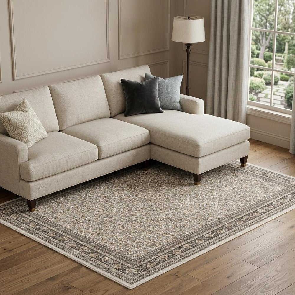 8' X 11' Ivory And Charcoal Oriental Area Rug With Fringe