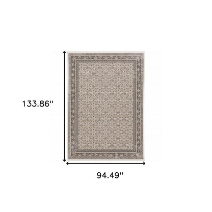 8' X 11' Ivory And Charcoal Oriental Area Rug With Fringe